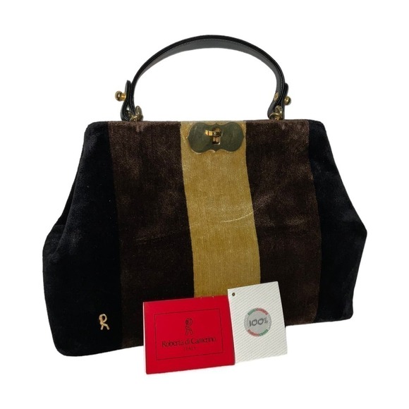 Vintage Roberta di Camerino Handbag 2 Toned Velvet Brown Leather Top Handle - Picture 1 of 16